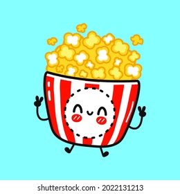 Cute funny jumping popcorn character. Vector hand drawn cartoon kawaii character illustration icon. Isolated on blue background. Popcorn character concept