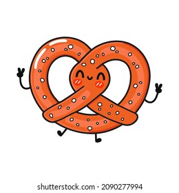 Cute funny jumping pretzel character. Vector hand drawn cartoon kawaii character illustration icon. Isolated on white background. Pretzel character concept