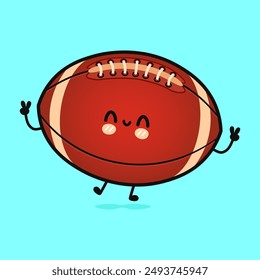 Cute funny jumping Rugby ball. Vector hand drawn cartoon kawaii character illustration icon. Isolated blue background. Happy Rugby ball character concept