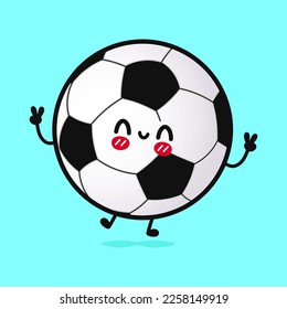 Cute lustige Springen Fußball-Ball. Vektorhandgezeichnete Cartoons kawaii Zeichentricksymbol. Einzeln auf blauem Hintergrund. Fußball-Charakterkonzept