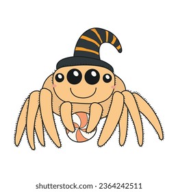 Cute funny jumping spider in witch hat holding candy Halloween cartoon character illustration. Hand drawn kawaii style line art design, isolated vector. Kids seasonal print element, trick or treat