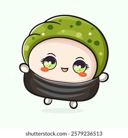 Cute funny jumping Sushi. Vector hand drawn cartoon kawaii character illustration icon. Isolated on light green background. Red Sushi concept