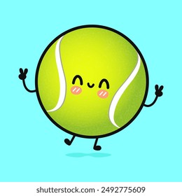 Netter lustiger springender Tennisball. Vektorgrafik Handgezeichnete Cartoon Kawaii Zeichen Illustration Ikone. Isolierter blauer Hintergrund. Happy Tennisball Charakter Konzept