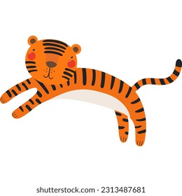 Cute funny jumping tiger cartoon character illustration. Hand drawn Scandinavian style flat design, isolated vector. Tropical animal, jungle wildlife, safari, nature, kids print element