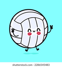 Lustige lustige Springvolleyball. Vektorhandgezeichnete Cartoons kawaii Zeichentricksymbol. Einzeln auf blauem Hintergrund. Volleyball-Charakterkonzept