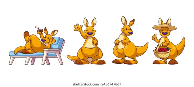 Lindo y divertido canguro personaje animal Vector de dibujos animados. Feliz y alegre mascota australiana ondeando, tumbada en un balneario tropical y sosteniendo una canasta con manzana. Juego de zoológico conjunto de diseño de activos de mamíferos