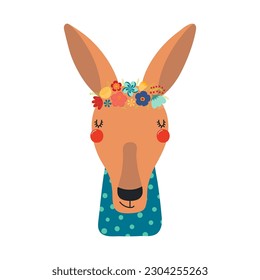 Un gracioso canguro en una corona floral, camiseta. Dibujo manual de la ilustración del personaje de caricatura. Diseño plano de estilo escandinavo, vector aislado. Elementos de impresión para niños, corona de flores, flores de verano, flores