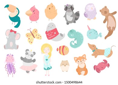 Cute funny kawaii animals. Flat style illustration