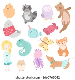 Cute funny kawaii animals. Flat style illustration