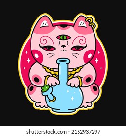 Cute Funny Kawaii Asian Maneki-neko Cat With Bong. Vector Cartoon Kawaii Character Illustration Logo Design.Positive Vintage Cat, Weed, Marijuana,smoke Cannabis,bong Print For T-shirt,tee,logo Concept