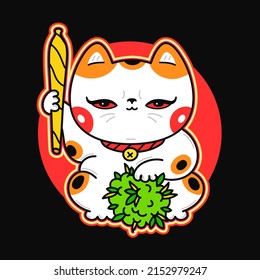 Cute Funny Kawaii Asian Maneki-neko Cat With Joint And Weed Bud. Vector Cartoon Kawaii Character Illustration Logo Design. Cat, Weed, Marijuana,smoke Cannabis,bong Print For T-shirt,tee,logo Concept