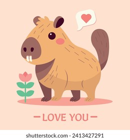 Cute funny kawaii baby capybara with text Love You. Amusing capybara character with flower and bubble with heart. Flat vector illustration.