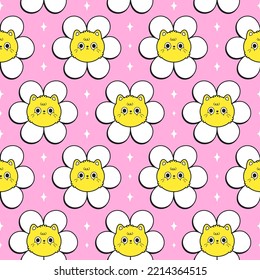 Cute funny kawaii cat face in flower seamless pattern art.Vector cartoon kawaii character illustration design.Positive vintage smile face,cat,kittie,flower seamless pattern concept