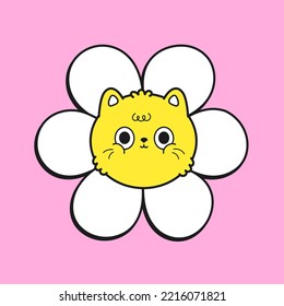 Cute funny kawaii cat face in flower.Vector cartoon kawaii character illustration logo design.Chamomile smile face,cat,kittie,flower print for t-shirt,logo,sticker,poster