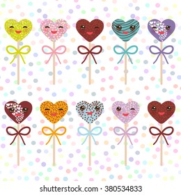cute funny kawaii Colorful Sweet Cake pops hearts set with bow isolated, pastel colors on white polka dot background. Vector