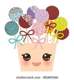 cute funny kawaii  Colorful Sweet Cake pops set with bow in a pink bucket isolated on white background. Vector