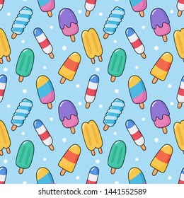 cute funny kawaii ice cream icons seamless pattern. cartoon style. isolated on blue background. vector illustration.