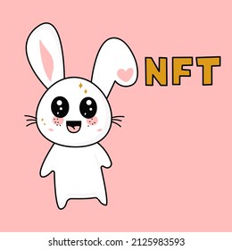 Cute funny kawaii funny rabbit and nft inscription. Vector flat illustration of a character icon.