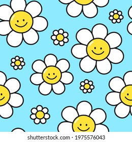 Cute funny kawaii smile face flowers on blue background seamless pattern.Vector cartoon kawaii character illustration design.Positive vintage smiley smile face camomile flower seamless pattern concept
