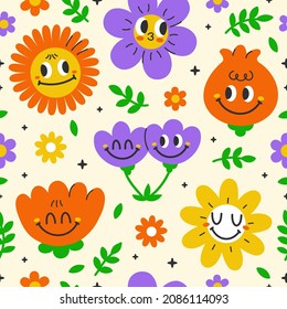 Cute funny kawaii smile face flowers seamless pattern.Vector cartoon kawaii character illustration design.Positive vintage smile face,chamomile flower,garden seamless pattern concept