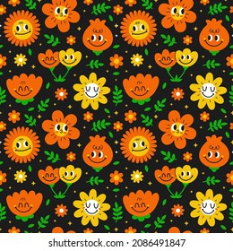 Cute Funny Kawaii Smile Face Flowers Seamless Pattern.Vector Cartoon Kawaii Character Illustration Design.Positive Vintage Smile Face,chamomile Flower,garden Seamless Pattern Concept