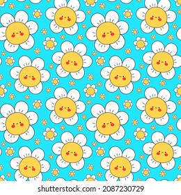 Cute funny kawaii smile face flowers,smiley seamless pattern.Vector cartoon kawaii character illustration design wallpaper art.Positive vintage smile face chamomile flower seamless pattern concept