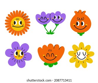 Cute Funny Kawaii Smile Face Flowers Set Collection.Vector Cartoon Kawaii Character Illustration Design.Positive Vintage Smile Face,chamomile Flower,garden Bundle Set Concept