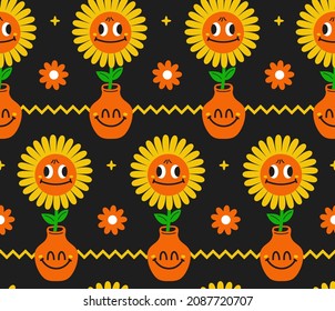 Cute funny kawaii smile face flower in vase semless pattern.Vector cartoon kawaii character illustration design.Positive vintage smile face,chamomile flower,garden seamless pattern concept