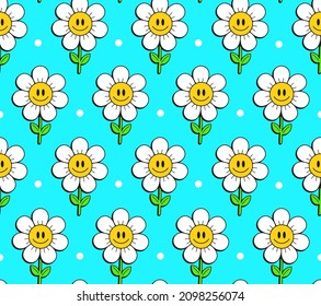 Cute funny kawaii smile face flowers on blue background seamless pattern.Vector cartoon kawaii character illustration design.Positive vintage smile face, camomile flower seamless pattern concept