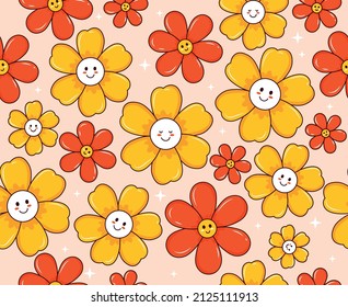 Cute Funny Kawaii Smile Face Flowers On Pink Background Seamless Pattern.Vector Cartoon Kawaii Character Illustration Design.Positive Vintage Smiley Face Chamomile Flower Seamless Pattern Concept