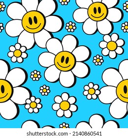 Cute Funny Kawaii Smile Face Flowers On Blue Background Seamless Pattern Art.Vector Cartoon Kawaii Character Illustration Design.Positive Vintage Smile Face Camomile Flower Seamless Pattern Concept