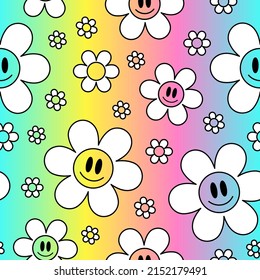 Cute funny kawaii smile face flowers on gradient background seamless pattern.Vector cartoon kawaii character illustration design.Positive vintage smile face,camomile flower seamless pattern concept