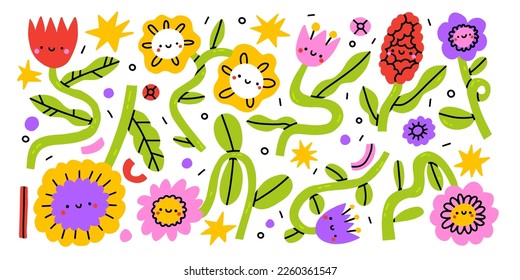 Cute funny kawaii smile face flowers set collection.Vector cartoon kawaii character illustration design. Positive smile face,garden bundle set concept. Funny happy daisy with eyes and smile.