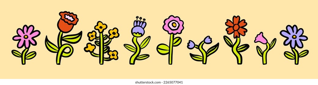 Cute funny kawaii smile face flowers set collection.Vector cartoon kawaii character illustration design. Positive smile face,garden bundle set concept. Funny happy daisy with eyes and smile.