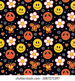 Cute funny kawaii smile face,flower,hippie peace seamless pattern.Vector cartoon kawaii character illustration art.Positive vintage smile smiley face,chamomile flower,hippie seamless pattern concept