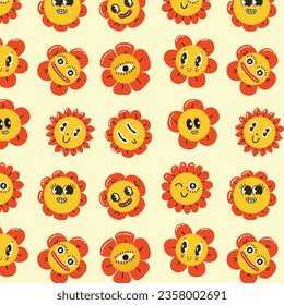 Cute funny kawaii smile smiley face flowers on blue background seamless pattern.Vector cartoon character illustration design. Positive vintage smile face,camomile flower seamless pattern concept