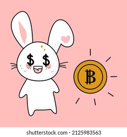 Cute funny kawaii surprised rabbit and bitcoin, mascot. Vector flat illustration of a character icon.