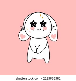Cute funny kawaii surprised rabbit with star eyes, mascot. Vector flat illustration of a character icon