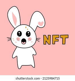 Cute funny kawaii surprised rabbit and nft inscription. Vector flat illustration of a character icon.