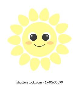 Cute funny kawaii yellow sun with big eyes and smile. Cartoon sunny icon.Vector illustration isolated on white background.For kids stickers, label, postcards, posters,printings.