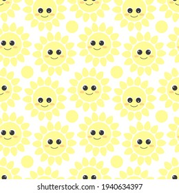 Cute funny kawaii yellow suns with big eyes and smile. Cartoon sunny seamless pattern,isolated on white background.For kids fabrics, textiles, postcards, posters,printings, wrapping,scrapbooking.