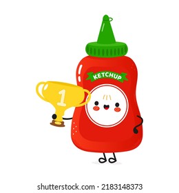 Cute funny ketchup hold gold trophy cup. Vector hand drawn cartoon kawaii character illustration icon. Isolated on white background. Happy ketchup with winner trophy cup