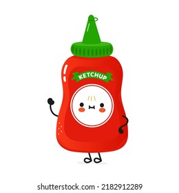 Cute funny ketchup waving hand character. Vector hand drawn cartoon kawaii character illustration icon. Isolated on white background. Happy ketchup character concept