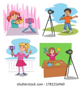 Cute funny kid blogger and vlogger creating content vector set. Boy and girl shooting video about unpacking gift, handmade craft creation, journalistic reporting, stories for social media