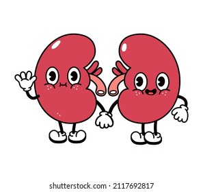 Cute funny kidneys waving hand character.Vector hand drawn traditional cartoon vintage,retro, kawaii character illustration icon.Isolated white background. Kidneys emoji,child,adorable,kids concept