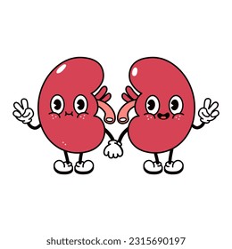 Cute lustige Kidneys winken Handzeichen. Vektor handgezeichnet traditionellen Cartoon Vintage, Retro, kawaii Zeichen-Illustration Symbol. Einzeln auf weißem Hintergrund. Happy-Kidneys-Zeichenkonzept