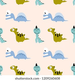 Cute funny kids dinosaur pattern. Colorful funny monster animal dino seamless drawing background for fashion and fabric textile print.