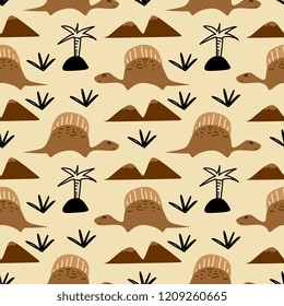Cute funny kids dinosaur pattern. Colorful funny monster animal dino seamless drawing background for fashion and fabric textile print.
