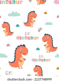 cute funny kids dinosaur seamless pattern, colorful dinosaurs vector illustration, background for textile and fabric, childish design