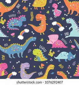 Cute funny kids dinosaurs pattern. Colorful dinosaurs vector background. Backdrop for textile and fabric.